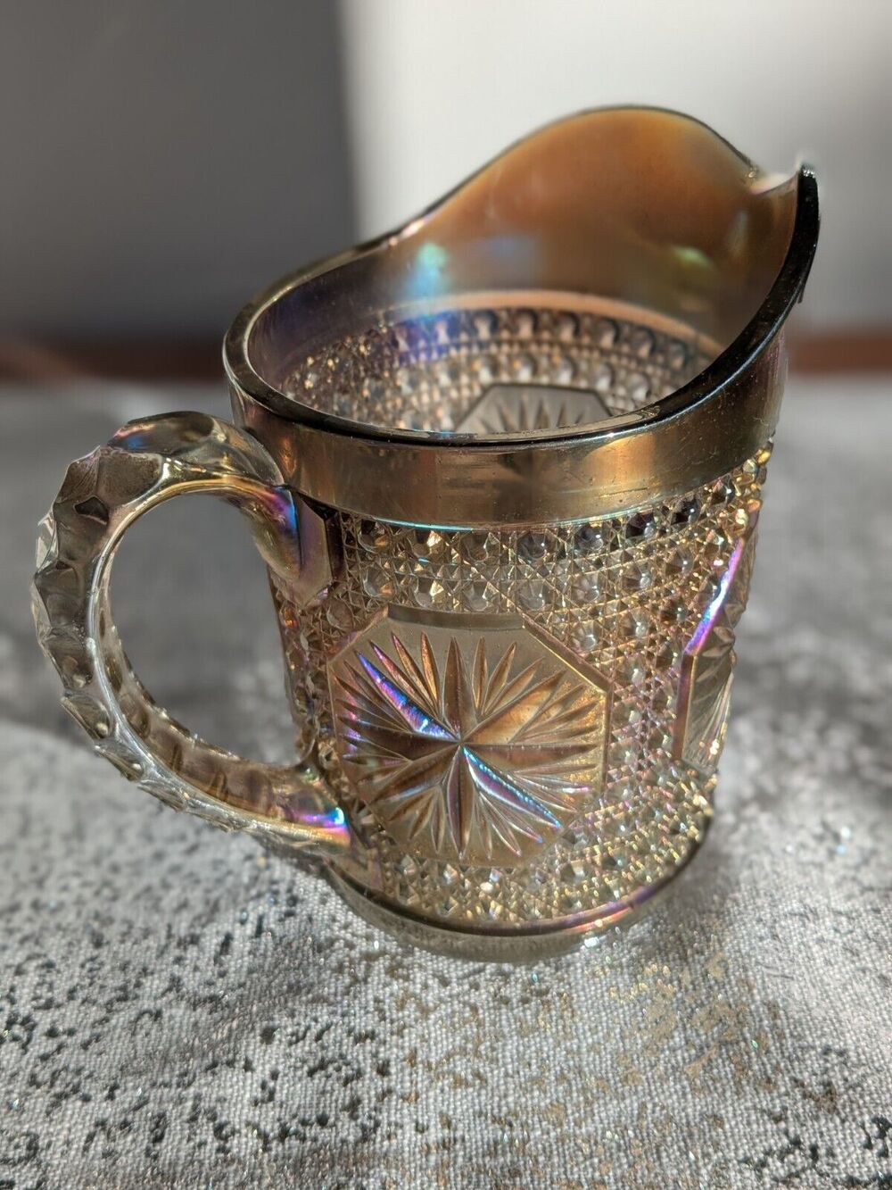 Imperial Glass Ohio Vtg Pitcher Amelia Smoke Carnival Glass 5.5" MCM Iridescent
